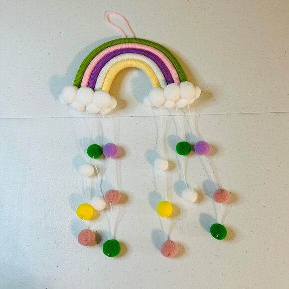 Woven Rainbow Wall Hanging Decorations with Pom Pom Tassels Nursery Playroom - Picture 2 of 7